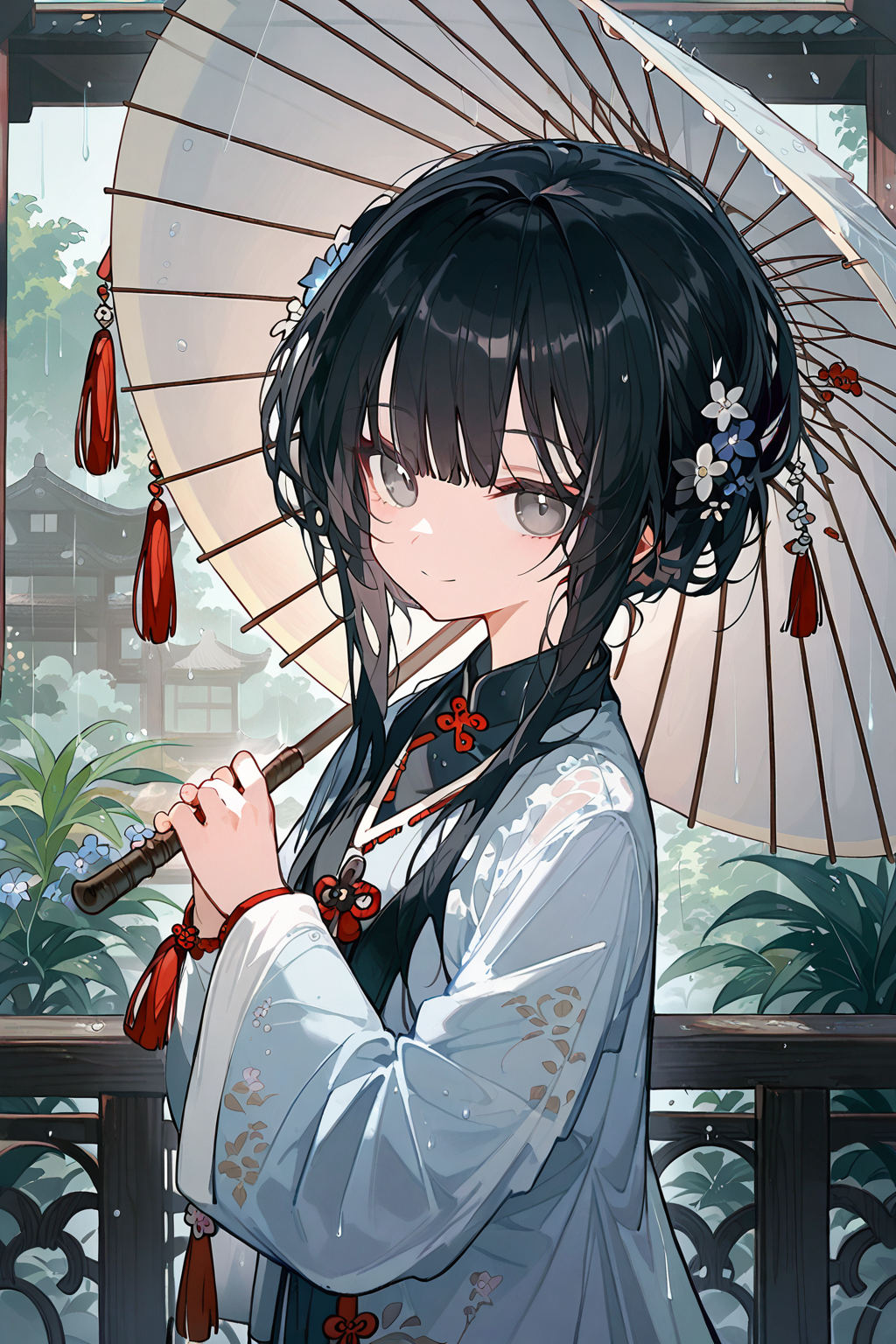 (score_9,score_8_up,score_7_up),<lora:mansui-v1:1>,hanfu,mansui,1girl,solo,umbrella,black hair,holding,long hair,holding umbrella,hair ornament,looking at viewer,smile,bangs,flower,chinese clothes,rain,hair flower,long sleeves,oil-paper umbrella,closed mouth,wide sleeves,grey eyes,upper body,jewelry,tassel,outdoors,railing,
good feet,anime,NSFW,expressive,amazing quality,ultra hd 32k,