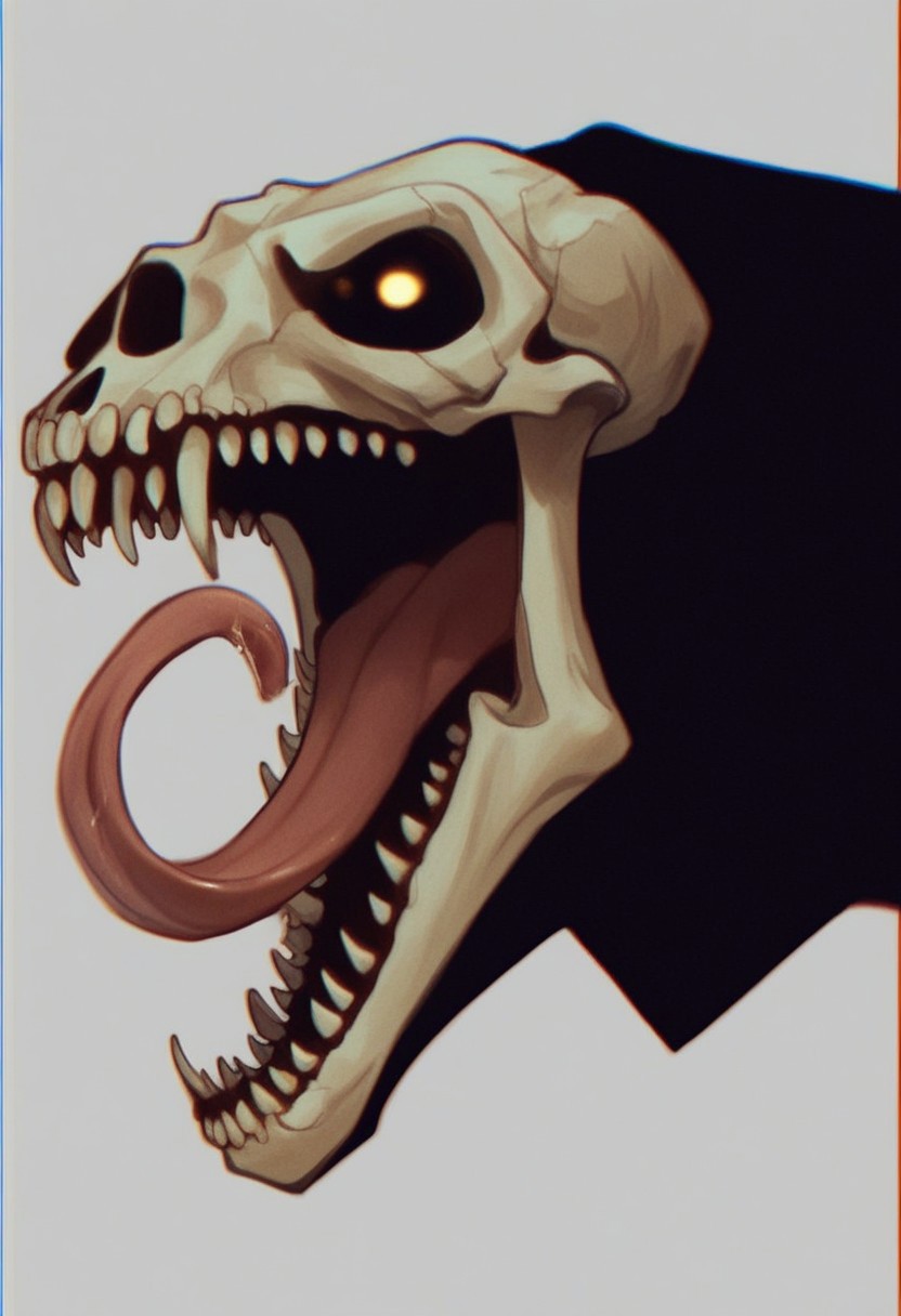 (7-Vectors) invncbl, artbook illustration, score_9, score_8_up, score_7_up,  score_6_up, score_5_up, score_4_up, solo, animal skull head, screaming, long split tongue, fangs, head closeup, black leather coat, horror atmosphere, side view, vhs grain, dark lighting, gold reflections, CRT grain, white noise glitch