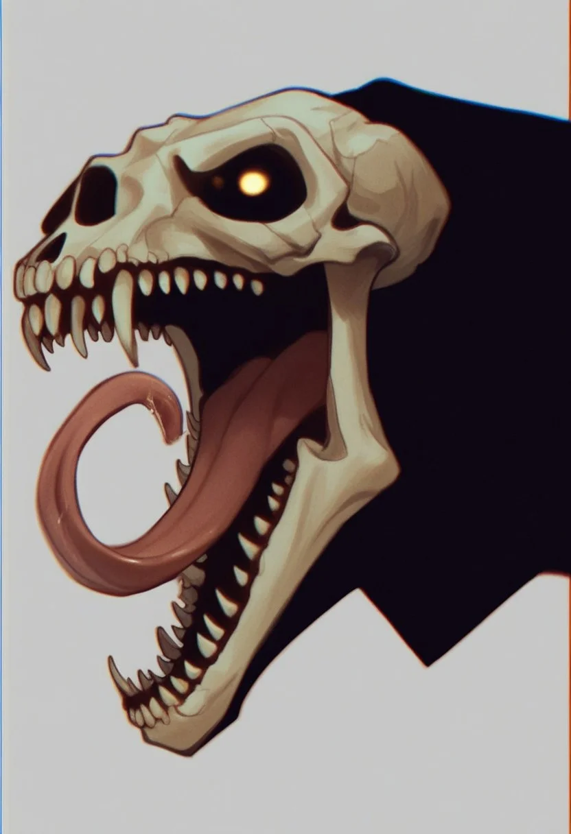 (7-Vectors) invncbl, artbook illustration, score_9, score_8_up, score_7_up, score_6_up, score_5_up, score_4_up, solo, animal skull head, screaming, long split tongue, fangs, head closeup, black leather coat, horror atmosphere, side view, vhs grain, dark lighting, gold reflections, CRT grain, white noise glitch