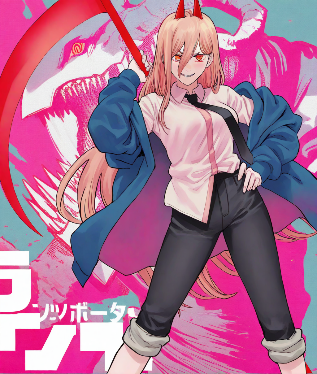 cover,CSMCoverStyle,||||,1girl,power (chainsaw man),scythe,horns,sharp teeth,necktie,holding scythe,solo,cross-shaped pupils,shirt,pants rolled up,long hair,red horns,teeth,smile,pants,collared shirt,black necktie,symbol-shaped pupils,blue jacket,holding,red eyes,looking at viewer,hair between eyes,breasts,jacket,demon horns,weapon,black pants,blonde hair,white shirt,holding weapon,copyright name,demon girl,medium breasts,hand on own hip,
<lora:CSMcover-style_noob11_v1-000045:1.3>,masterpiece,best quality,amazing quality,very aesthetic,highres,absurdres,