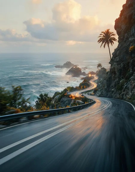 <lora:City_Worlds_01_v1_Roads_flux:1> realistic photo of citybkg, cyberpunk, day, clouds, sunny, ambiance, detailed, futuristic, vegetation, ambiance, day, clouds, very detailed, illuminated, reflections, mist, motion blur, speed, wet, rain, sunset, sun shades, mountain road, sea side road, from tail, palm trees, sea waves, rocky shore, sinuous road,