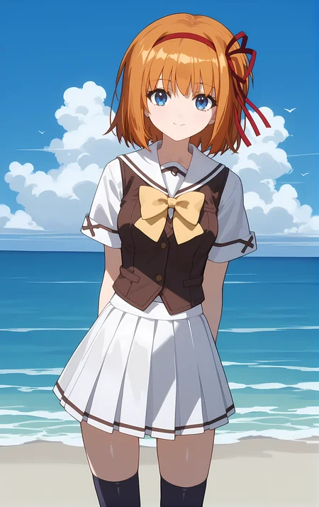 (score_9,score_8_up,score_7_up),light smile, shiny skin,ohwx, 1girl, solo, ribbon, red_ribbon, red_hairband, hair_ribbon, blue_eyes, orange_hair, short_hair, hairband, breasts,school_uniform, bow, yellow_bow, white_sailor_collar, serafuku, white_skirt, yellow_bowtie, vest, bowtie, kneehighs, socks, sea, ocean, clouds,<lora:kaede_fuyou_pony_sobsynapse-000003:1>