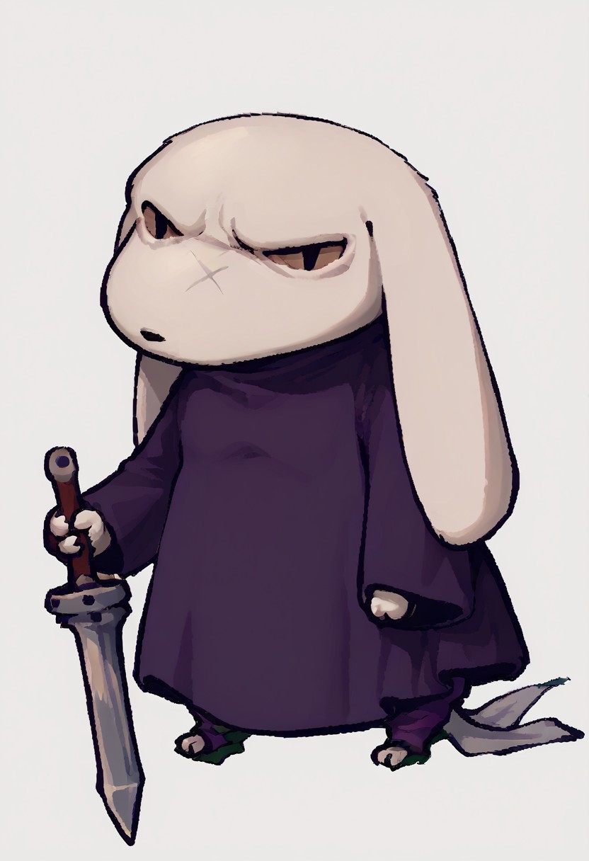 score_9, score_7_up, <break> chibi, dot eyes, simple background, white background, full body, solo, 1boy, anthro, king, sword, scar, purple dress, long ears