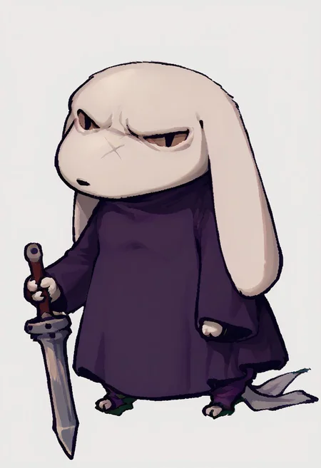 score_9, score_7_up, <break> chibi, dot eyes, simple background, white background, full body, solo, 1boy, anthro, king, sword, scar, purple dress, long ears