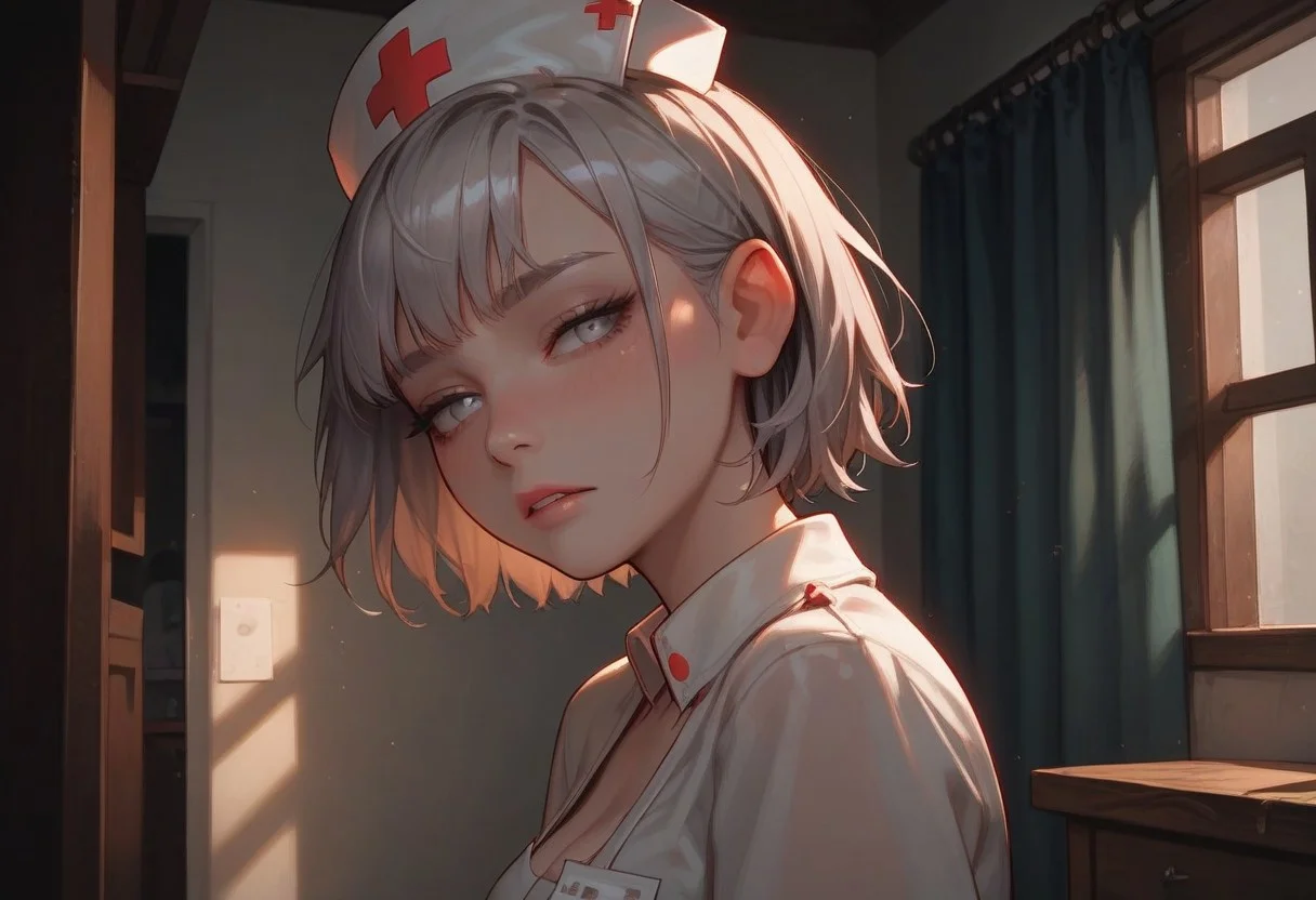 masterpiece, best quality, wallpaper, highly detailed, score_9, score_8_up, score_7_up, score_6_up, source_anime, (score_9, score_8_up, score_7_up), (vivid colours), g0thicPXL,
BREAK.
1girl, bouncing,blush, big ass, (short messy silver hair), bangs,pale skin, medium breast, sexy face, glowing light,young, perfect body, fair skin, ((dark circles under eyes)), ((messy silver hair)), grey eyes,open eyes,(tired face), alternate pose, dynamic angle, day,white nurse outfit, white nurse costume
BREAK.
motion lines, medical room,warm light,