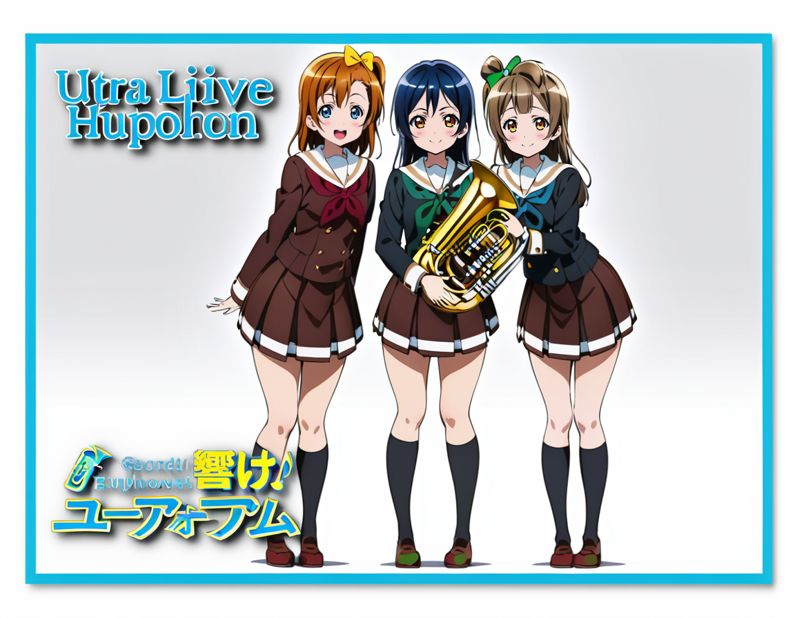 masterpiece, best quality, ultra detailed, highres,4k,(ultra-detailed:1.4) (illustration:0.5), (ray tracing,:0.8),(anime colored:0.7),(ai-generated:0.5),
3girls,
sonoda umi, love live!,
kousaka honoka, love live!,blue eyes,
minami kotori, love live!,
kitauji high school uniform,,red neckwear,pleated skirt, white sailor collar,buttons,long sleeves,
smile,
<lora:euphoniumeyecatchXL1:1>,euphoniumeyecatch,
standing, looking at viewer,full body, holding instrument, holding, border, white background, blue border,logo,character name,english text,copyright name,title,