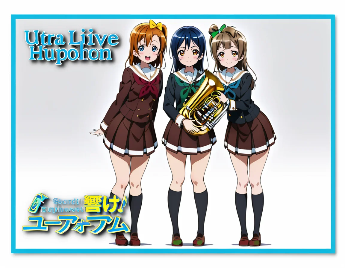 masterpiece, best quality, ultra detailed, highres,4k,(ultra-detailed:1.4) (illustration:0.5), (ray tracing,:0.8),(anime colored:0.7),(ai-generated:0.5),
3girls,
sonoda umi, love live!,
kousaka honoka, love live!,blue eyes,
minami kotori, love live!,
kitauji high school uniform,,red neckwear,pleated skirt, white sailor collar,buttons,long sleeves,
smile,
<lora:euphoniumeyecatchXL1:1>,euphoniumeyecatch,
standing, looking at viewer,full body, holding instrument, holding, border, white background, blue border,logo,character name,english text,copyright name,title,