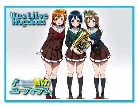 masterpiece, best quality, ultra detailed, highres,4k,(ultra-detailed:1.4) (illustration:0.5), (ray tracing,:0.8),(anime colored:0.7),(ai-generated:0.5),
3girls,
sonoda umi, love live!,
kousaka honoka, love live!,blue eyes,
minami kotori, love live!,
kitauji high school uniform,,red neckwear,pleated skirt, white sailor collar,buttons,long sleeves,
smile,
<lora:euphoniumeyecatchXL1:1>,euphoniumeyecatch,
standing, looking at viewer,full body, holding instrument, holding, border, white background, blue border,logo,character name,english text,copyright name,title,