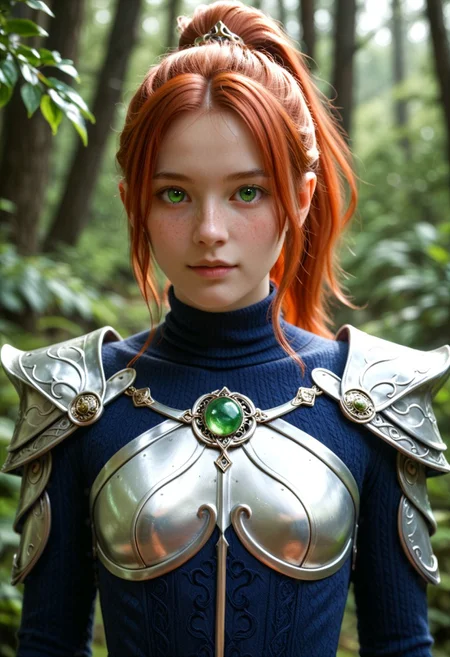 1girl, Masterpiece, 8k, ultra high detail, score_7 up, 
volumetric lighting, vivid colors, vibrant colors,  score_8_up, score_9,  small breast size, sporty short red ponytail hair, fcNeg, stunning green eyes, freckles, white skin, small nose, innocent beauty, slim face,  cute face, skinny body, perfect body, extreme detailed body, intence green eyes,  perfect face, ultra high detailed face, perfect eyes, 
Lord of the rings fantasy, Wearing elven armor,
