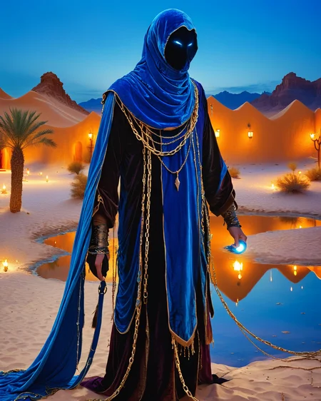 hooded human sorcerer standing at a desert oasis, velvet, chains, water, reflections, blue hour, intense colors, high contrast, camel, warriors, <lora:add-detail-xl:1.0>, <lora:xl_more_art-full_v1:0.4>, <lora:XSfenlie:1> fenliexl, <lora:lora:1>, realistic photo