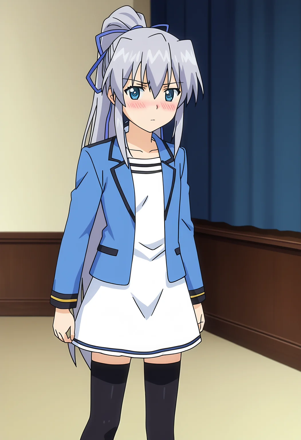 score_9, score_8_up, score_7_up, source_anime,
BREAK
1girl, solo, 
anime screencap, anime coloring, 
<lora:shiKranjarV1:1>, shililianaalt, long hair, blue eyes, grey hair, hair ribbon, ponytail, 
alternate costume, white dress, ribbon, blue jacket,black thighhighs, 
looking at viewer,  blush,