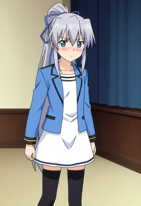 score_9, score_8_up, score_7_up, source_anime,
BREAK
1girl, solo,
anime screencap, anime coloring,
<lora:shiKranjarV1:1>, shililianaalt, long hair, blue eyes, grey hair, hair ribbon, ponytail,
alternate costume, white dress, ribbon, blue jacket,black thighhighs,
looking at viewer, blush,