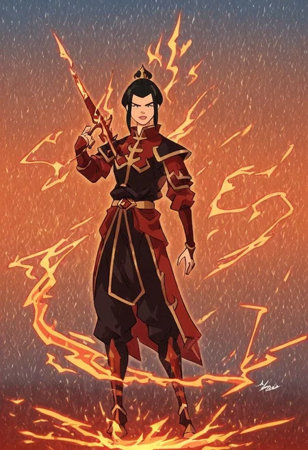 Azula, the fierce and cunning firebender, stands confidently at the center of the scene, wielding a bolt of lightning in her hand. Her eyes are sharp and intense, reflecting her unwavering determination and strategic mind. She is dressed in her traditional Fire Nation armor, which glows with shades of deep red and black, accented by golden details. Her long, dark hair flows behind her like a trail of smoke, subtly moving as if stirred by an unseen breeze. The background is a dramatic, volcanic landscape under a blood-red sky, with molten lava flowing across jagged rocks and plumes of dark smoke rising into the air. Blue flames dance around her, highlighting her unique firebending abilities and adding a contrasting, electric blue hue to the predominantly warm color palette. The atmosphere is charged with tension and raw power, as Azula embodies the dangerous and unpredictable force of fire and lightning. Her stance is both regal and intimidating, conveying a sense of control and command over the elements she wields. The image should be rendered in maximum ultra-high-definition quality, with detailed textures and ultra-realistic lighting to capture the glow of the flames, the sharpness of the lightning, and the intensity of the scene. The special effects should emphasize the crackling energy of the lightning and the heat of the flames, creating a dynamic 8K high-definition image with realistic lighting to enhance the dramatic and powerful atmosphere.