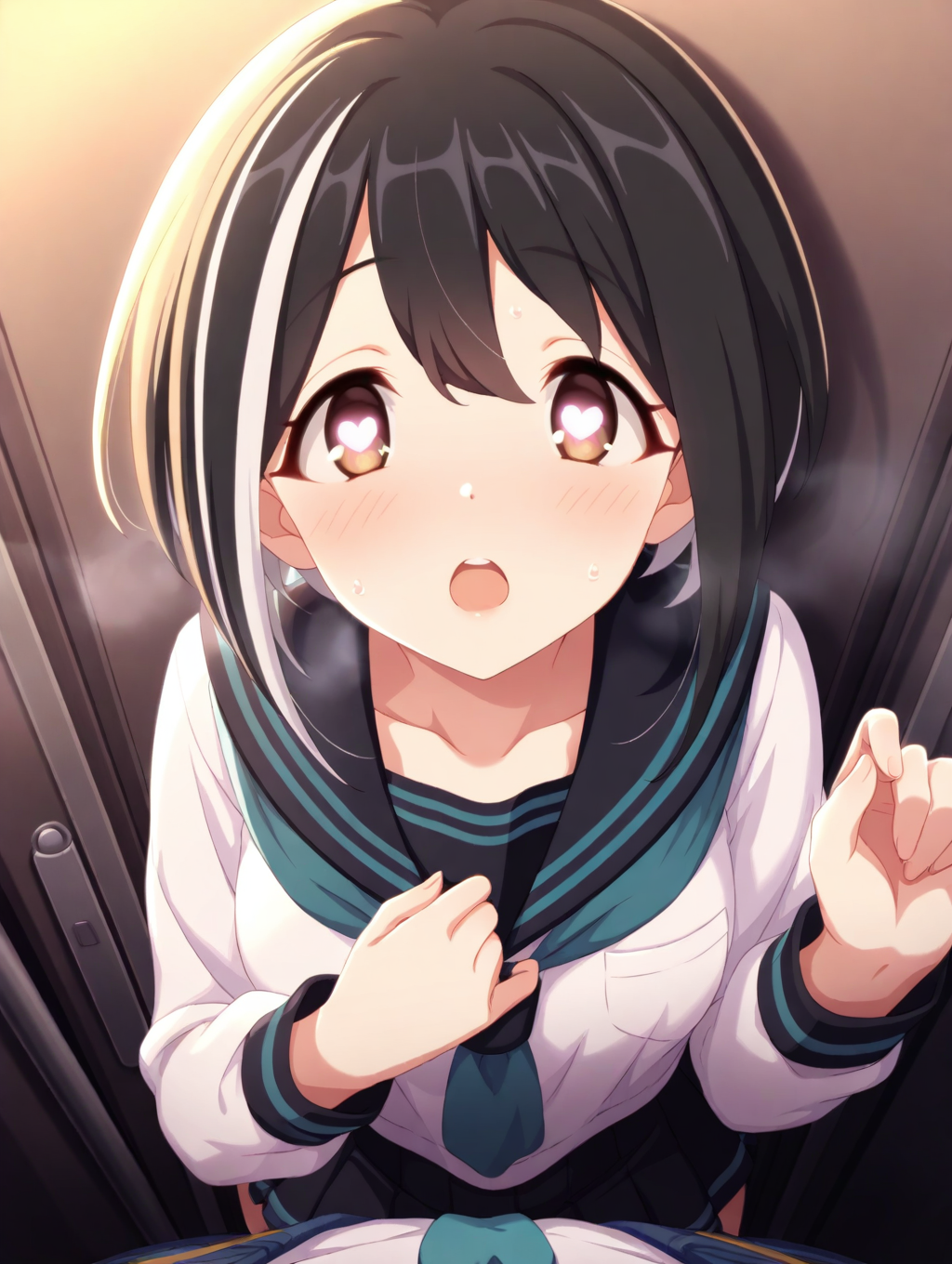 (masterpiece,best quality,ultra_detailed,highres,absurdres:1.2,amazing quality,very aesthetic),<lora:wakana_pcr _ilxl_v1-000012:0.8>,wakana\(princess connect!\),1girl, solo,black hair, white hair, short hair, multicolored hair, heart-shaped pupils, open mouth, steam, clenched hand, white shirt, serafuku, aqua necktie, pleated skirt, black skirt, pov, hand on own chest, brown eyes, against wall, pov,looking at viewer,