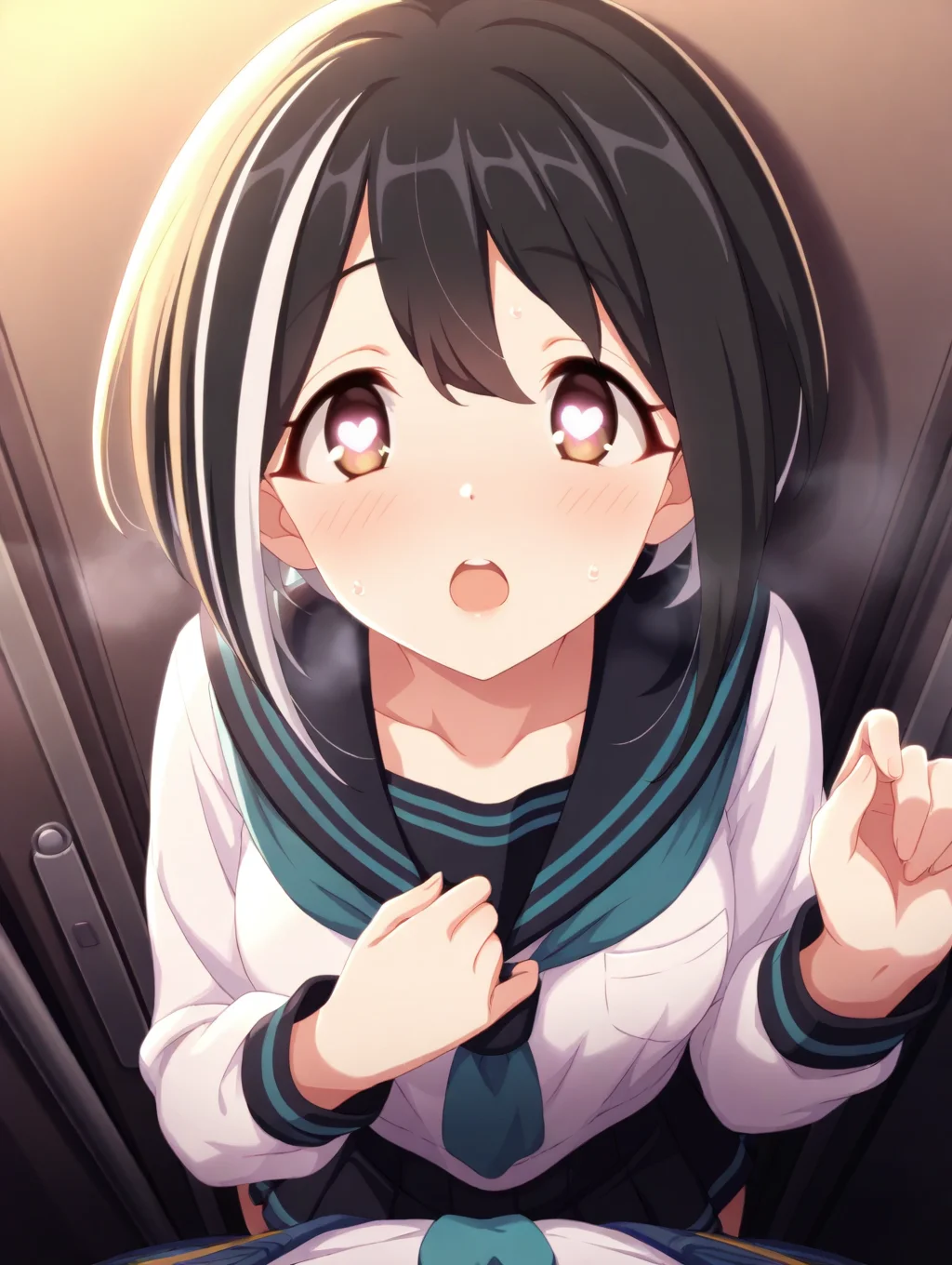 (masterpiece,best quality,ultra_detailed,highres,absurdres:1.2,amazing quality,very aesthetic),<lora:wakana_pcr _ilxl_v1-000012:0.8>,wakana\(princess connect!\),1girl, solo,black hair, white hair, short hair, multicolored hair, heart-shaped pupils, open mouth, steam, clenched hand, white shirt, serafuku, aqua necktie, pleated skirt, black skirt, pov, hand on own chest, brown eyes, against wall, pov,looking at viewer,