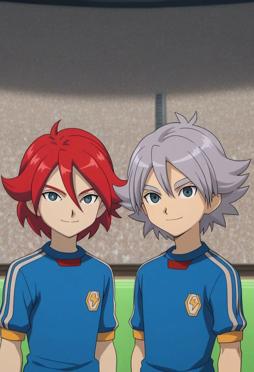 score_9, score_8_up, score_7_up, source_anime, highly detailed, skinny, slender, 2boys,
hiroto2, 1boy, soccer uniform, sportswear, red hair, upper body, tracksuit, smile, BREAK
fubuki2, 1boy, soccer uniform, sportswear, smile, raimon soccer uniform, raimon, grey hair,
standing, hands on shoulders, posing for a photo