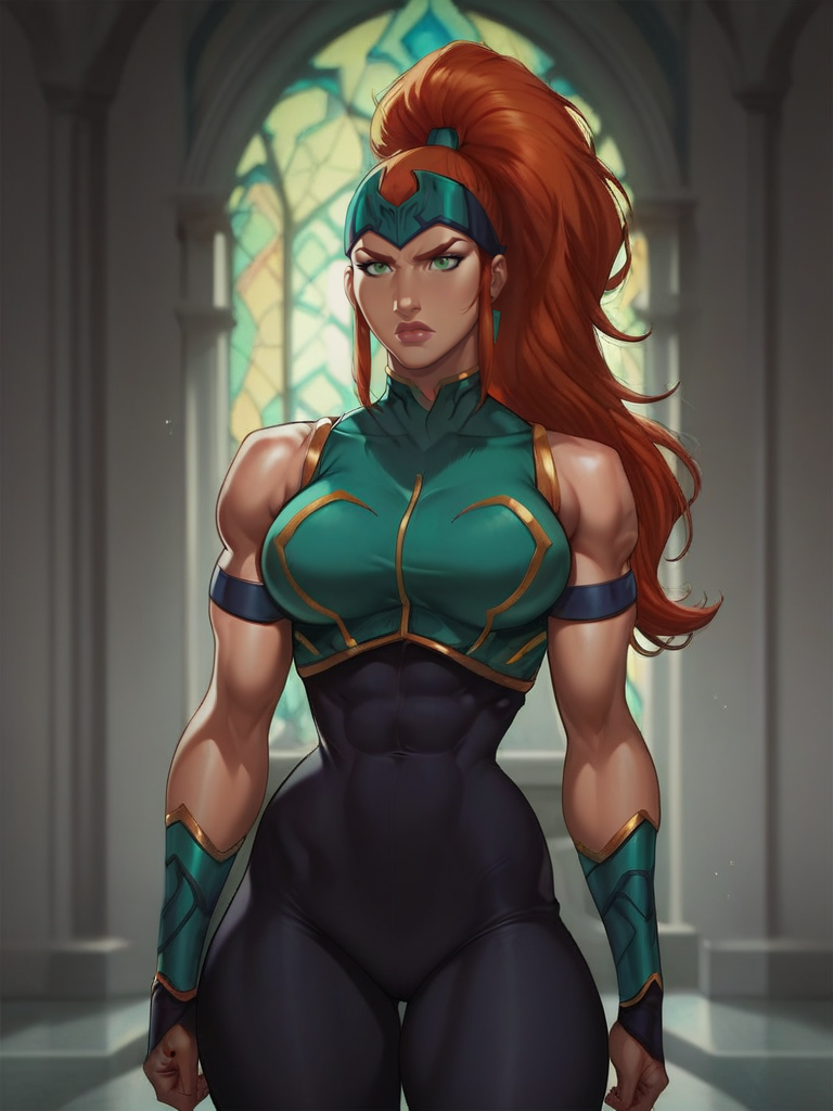 score_9, score_8_up, score_7_up, high quality, masterpiece, Mera, 1girl, forehead protector, green eyes, red ginger hair, high ponytail, top, bodysuit, armlet, bracers, boots, fingerless gloves, muscular female, large breasts, long hair, hair pulled back, bare shoulders, sleeveless, armband, lips, majestic throne room, royalty, wealth
<lora:Mera-125reps:1>