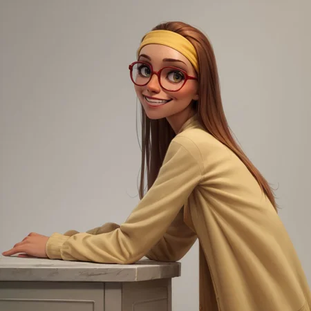 score_9, score_8_up, score_7_up, score_6_up, score_5_up, score_4_up, rating_questionable, 1girl, Hon_Lem, Glasses, smiling, skinny, tall, small saggy breasts, bending over, looking back at viewer, yellow headband