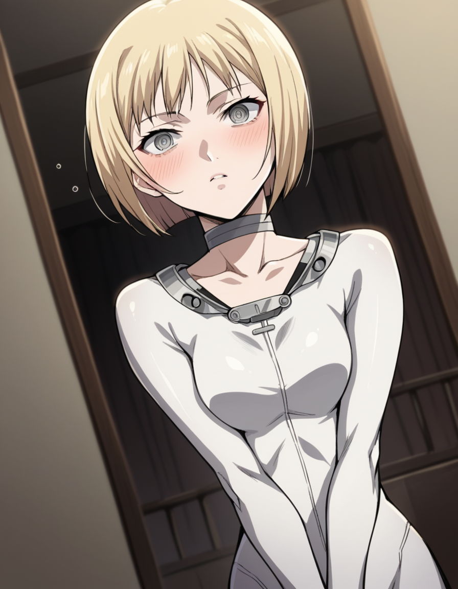 score_9, score_8_up, score_7_up, source_anime,
claymoreclaire, <lora:claymore-claire-s1-ponyxl-lora-nochekaiser:1>,
claire, short hair, blonde hair, grey eyes, bob cut, pale skin, white skin, ringed eyes,
choker, bodysuit, white bodysuit, collarbone, long sleeves,
indoors, bed, bed room, on side, blush, drunk,
solo, looking at viewer, cowboy shot, dutch angle,