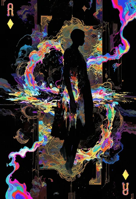 psycho_4rt, glitch art, surrealism, abstract composition, the Woman's silhouette as the central figure, dark yet vibrant colors, (playing card background: Woman card), intricate and fragmented designs resembling digital errors, distorted patterns, bold contrasting hues, (psychedelic effects:1.3), flowing textures and surreal shapes. The Woman is surrounded by glitchy distortions, broken pixel art effects, vibrant light streaks, and surreal dreamlike haze. The entire composition merges with the theme of a cute woman playing card, with card details subtly embedded in the design. High detail, cinematic lighting, atmospheric and moody, visually striking. pscho_4rt, surreal, abstract, glitch, dismal