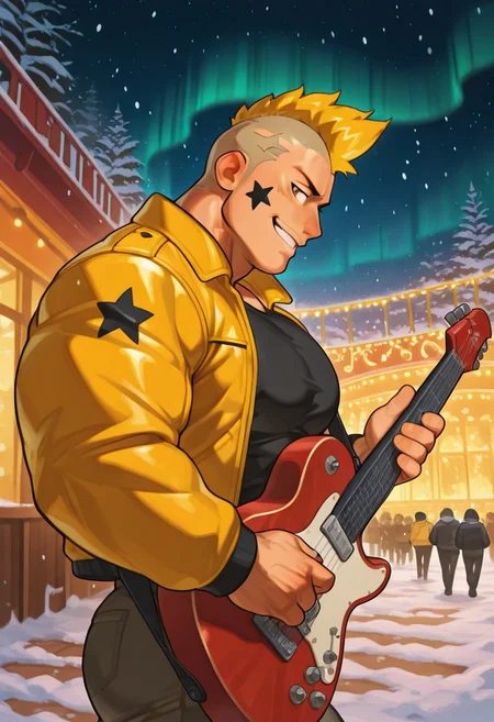 mbtiesfp, 1boy, blonde, short hair, black star on face,, yellow jacket, black shirt, looking at viewer, smirk, grin, happy, brawlStars, in the amusement park, pants, portrait, half body, upper body, amber eyes, shaved mohawk, source_cartoon, vector art, 2d, bara, manly, muscular, 3/4 view, night sky, aurora in the sky, snow, playing guitar, {{holding red electric guitar}}, in the concert, ((floating colorful muscial notes)), snowstorm, Side View, Pec focus, left view, warm lighting, with people walking background, Ru1ss, w0lfc0nf, {{colorful glowing musical notes}}