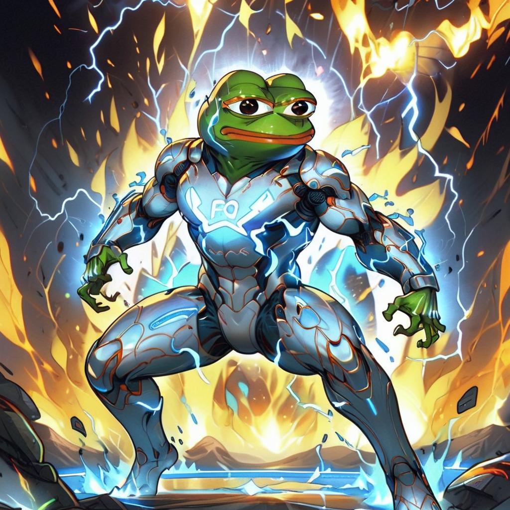 A dynamic frog humanoid, clad in a sleek, high-tech battle suit that exudes a sense of futuristic style. The suit, streamlined and form-fitting, features advanced armor with neon accents, highlighting the frog's agile form. Around the frog, an intense scene unfolds with swirling flames and crackling lightning, adding a dramatic flair. The frog's stance is poised and ready for action, its eyes glowing with determination, as the chaotic energy of fire and electricity interweaves, creating a powerful, tension-filled atmosphere, <lora:herocoolstyle:0.65>, <lora:pepe-v2:0.8> pepe
