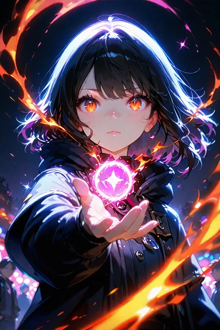 spell bind, 1girl, cinematic angle, Fractals, flame, smoke, energy ball:1.2):0.1], sparkle, Depth of field, finely detail, cinematic shadows, vibrant, high contrast, kawaii, [(colorful background:1.5)::0.1], (dark background:1.2), very aesthetic, amazing quality, illustration, incredibly absurdres, ultra detailed, masterpiece, best quality, people, characters, copyright, style, general tags, intricate details, good quality, newest, detailed background, beautiful detailed, beautiful face, blight face, large pupil, eyelashes, brilliant skin, shiny skin, perfect hand, <lora:ponyv4_noob1_2_adamW:1> <lora:SpellBindPony:1>