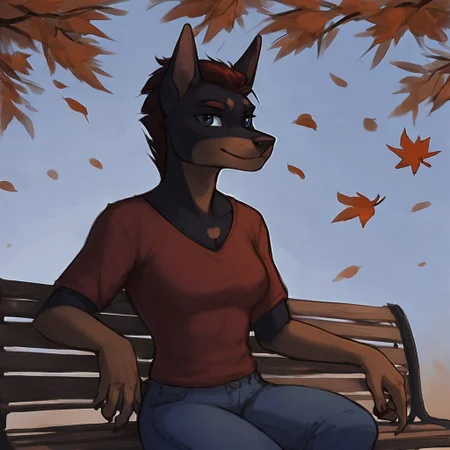 score_9, score_8_up, score_7_up, rating_safe, source_furry, anthro, dark theme, low light, furry, sketch style, werewolf, doberman, short spikey hair, jeans, red shirt, 1girl, solo, looking at viewer, sitting, on bench, bench, outdoors, forest, autumn, falling leaves <lora:NAI3 Smooth Boys Low Light Style LoRA_Pony XL v6:0.8>