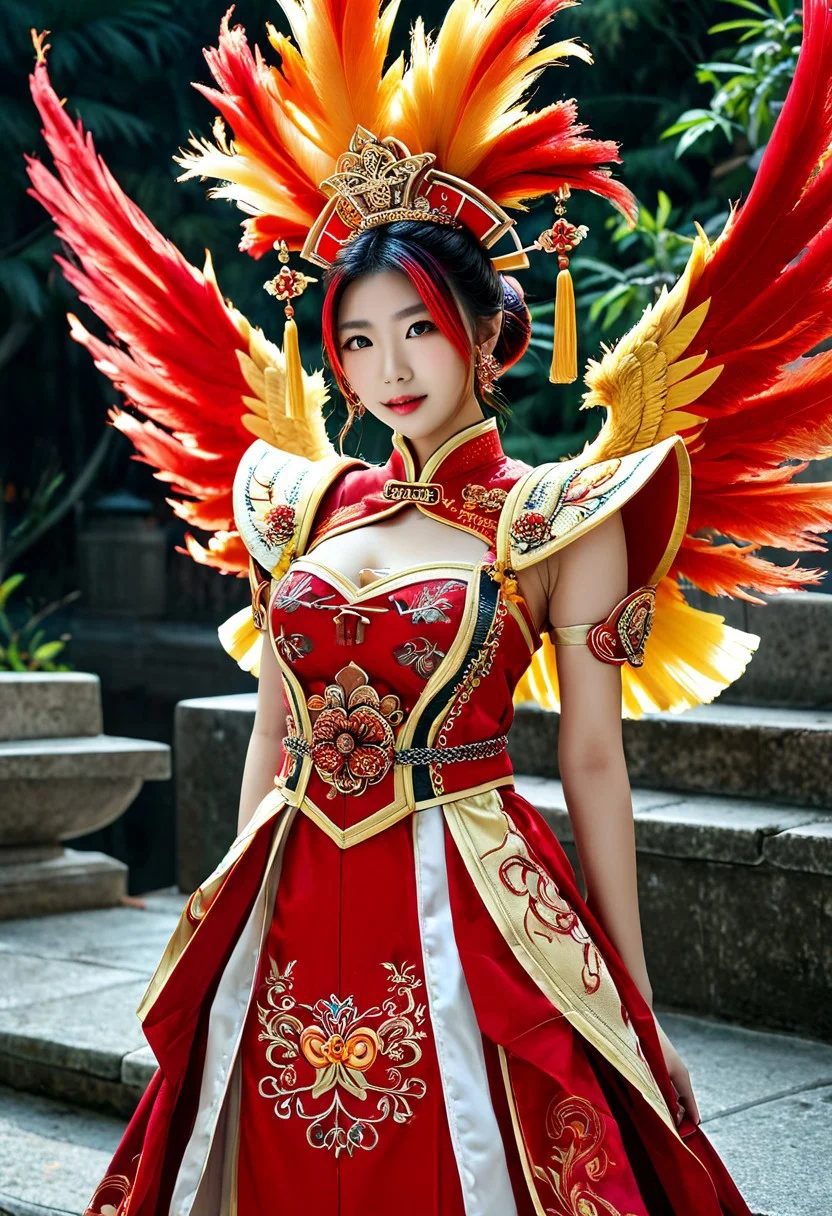 (high quality), (masterpiece), (detailed), 8K, Hyper-realistic depiction of asian_chinese (1girl1.3) with (phoenix-inspired outfit1.4). (Fiery feathers1.3) adorn (ornate shoulder piece1.2), (golden accents1.2) shimmer against (crimson fabric1.2). framed by (firey aura1.3), (dynamic lighting1.3) highlights intricate details. Dynamic pose, Chinese temple background.