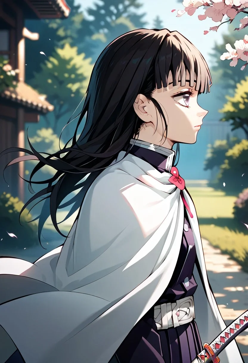score_9,score_8_up,score_7_up,source_anime, tsuyuri kanao,1girl,solo,long hair,upper body,weapon,outdoors,sword,cape,from side,profile,blurry background,katana,white cape,demon slayer uniform,