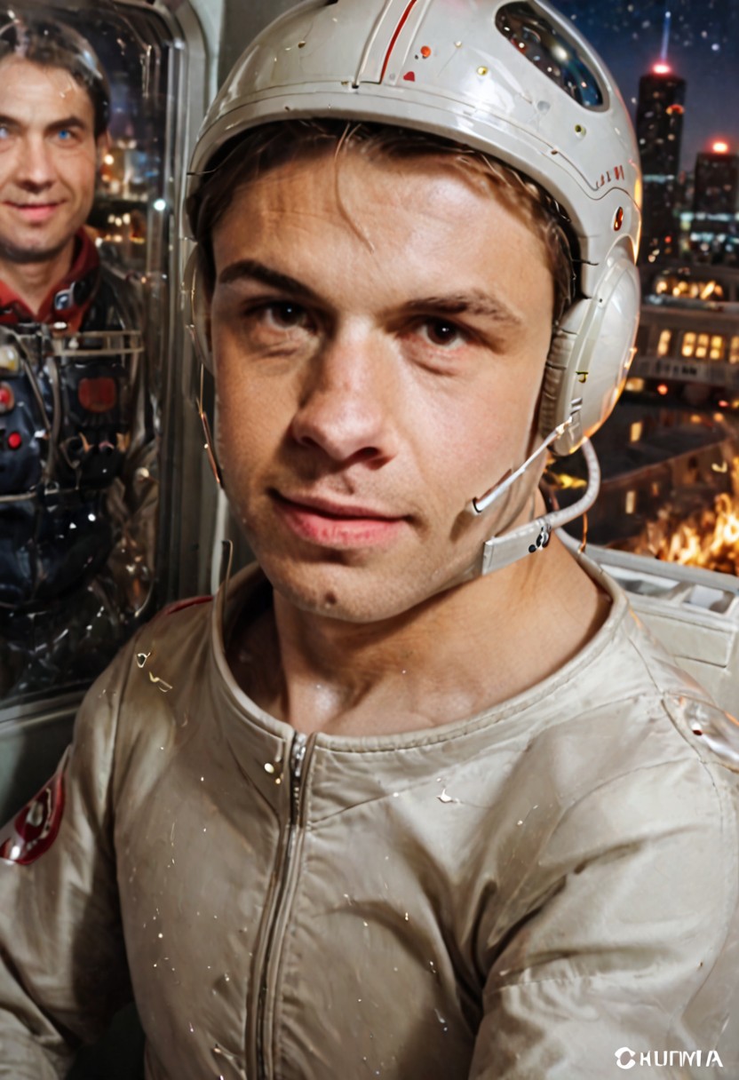 (Xcurix:1.6),(in city:1.5), guy close portrait, astronaut in space, repair spaceship outside, stars, hearth, gravity cero,astronaut suit and helmet    , fire,medieval war, , high definition,
