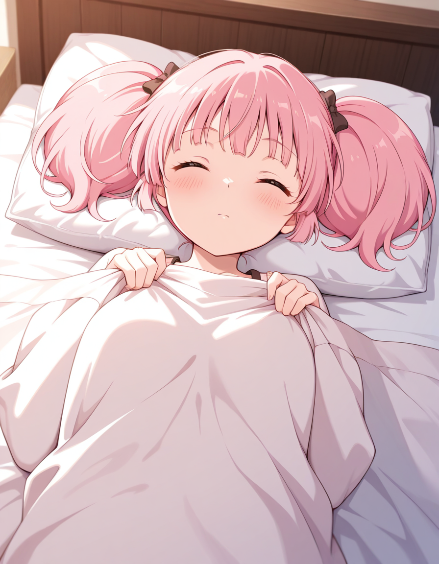 <lora:Yoshikawa_Chinatsu:1> chinatsu_yuyu, 1girl, pink hair, twintails,  lying on the bed, closed eyes