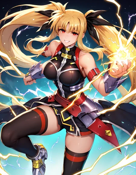 (((snoicform:1.1))),score_9, score_8_up, score_7_up,fate testarossa,  <lora:[reizei]fate testarossa pony:1>,large breasts,red eyes, smile, looking at viewer, twintails,fighting stance,  <lora:xl_shanbailing_0927lightning:0.5>,composed of elements of thunder,yellow thunder,electricity,energy sex toy, black legwear, holding sex toy,