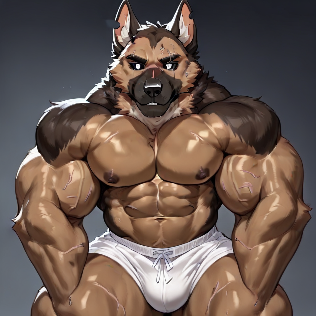 linear scar, white short, black penis, muscular, anthro, white shorts, clipped ear, brown fur, furry, muscular male, masturbation, veiny, 1boy, bodybuilder, black sclera, scars on arm, solo, biceps, clipped left ear, scar