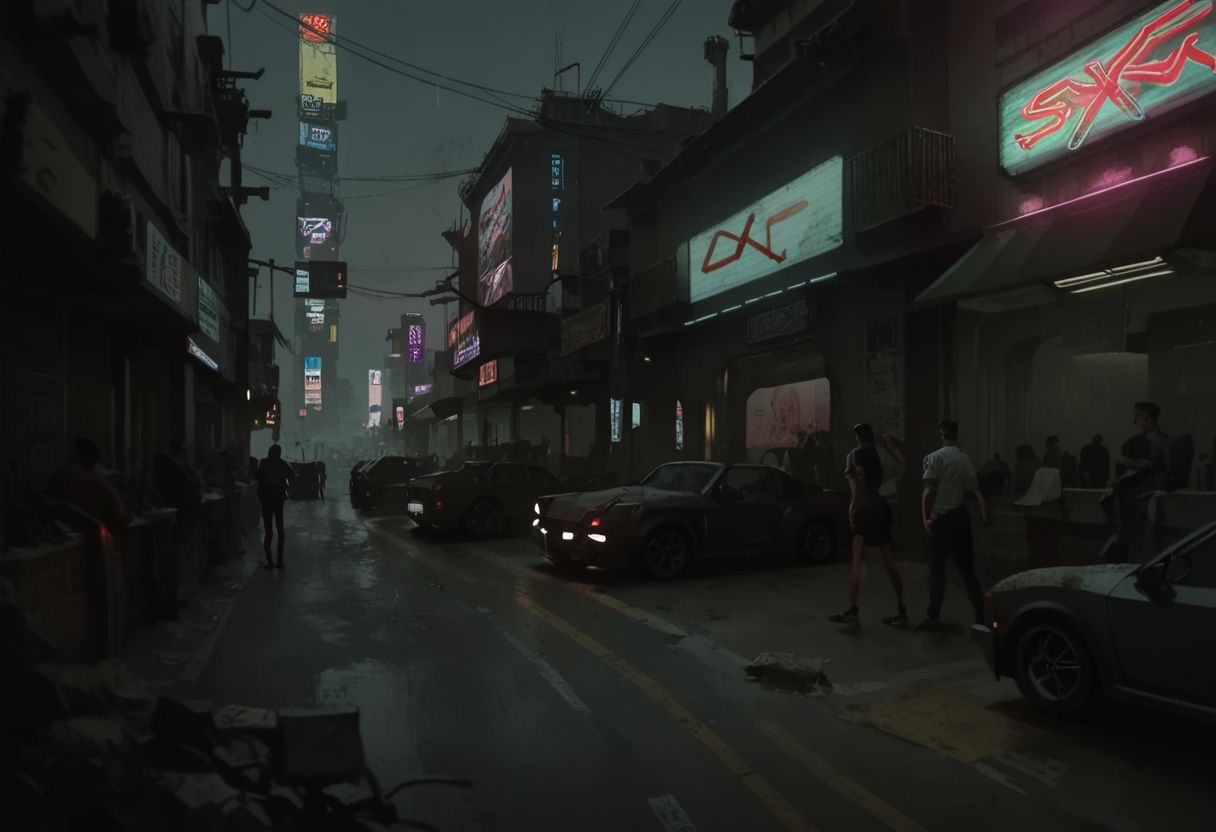 score_9, score_8_up,score_7_up, score_6_up, score_5_up, score_4_up,
no humans, outdoors, cyberpunk busy city street, crowded, blurry pedestrians, cars on the road, day time, light rain, wet streets, reflective, neon signs, hologram signs, tall buildings, street level, dirty,
BREAK, aesthetic, wallpaper, high quality, upper body, bright colors, high contrast, dark background, vivid lighting,