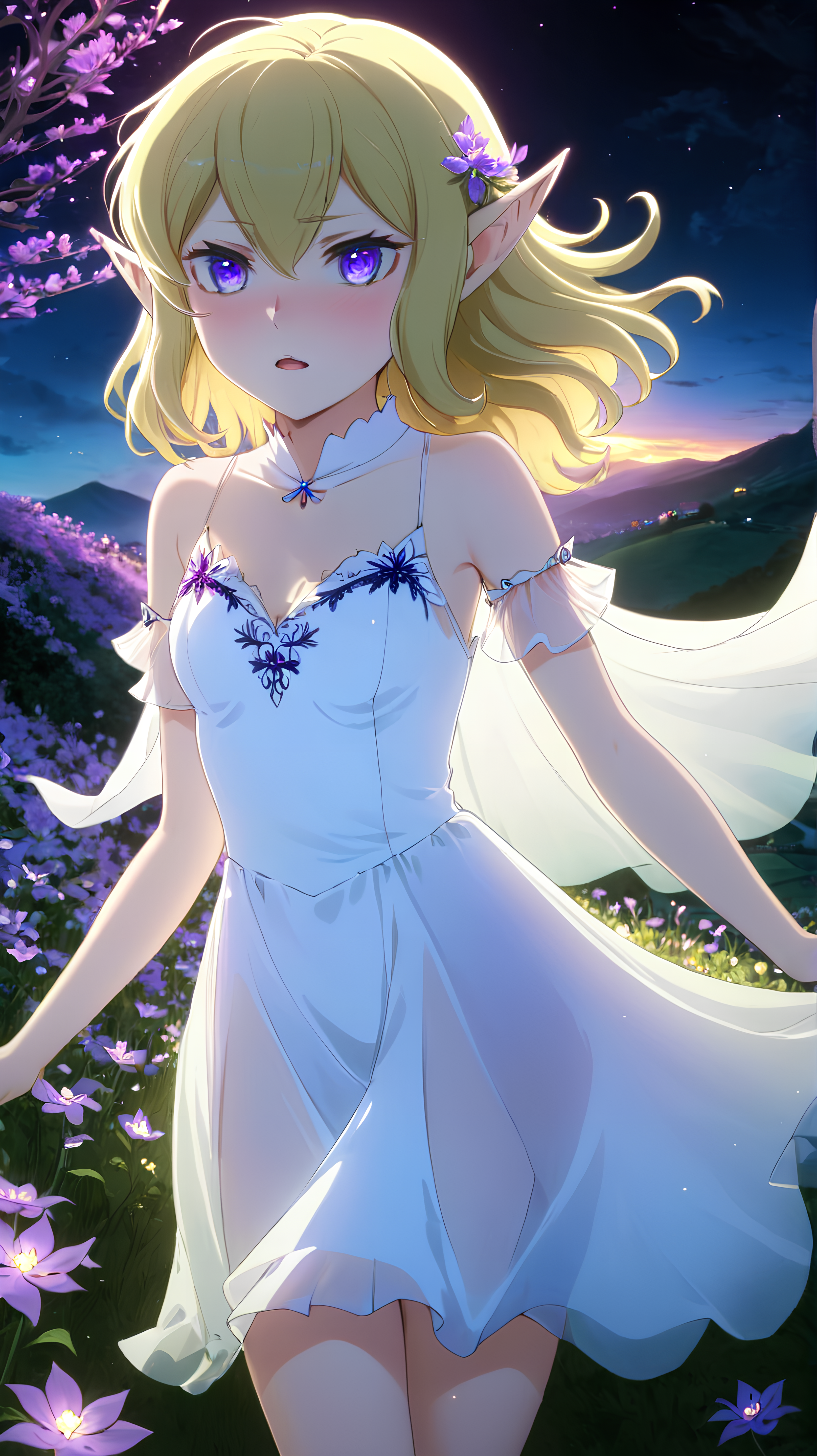 <lora:Ryu_Lion:1> <lora:Anime Enhancer XL V2:1>
1girl, RyuLion, RyuLion has dark blue eyes, RyuLion has blonde hair, RyuLion is an elf, 
RyuLion wearing a white transparent dress,
3D anime art, young woman on a hill covered in luminescent purple flowers, wind blowing through her hair, petals floating around, magical twilight setting, intricate details, glowing elements, vibrant and serene, high resolution