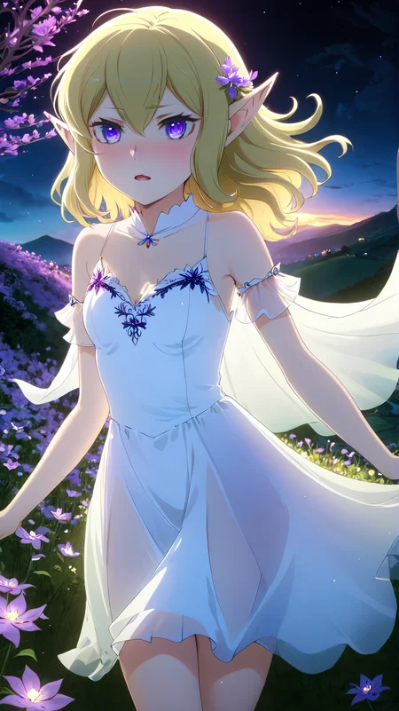 <lora:Ryu_Lion:1> <lora:Anime Enhancer XL V2:1>
1girl, RyuLion, RyuLion has dark blue eyes, RyuLion has blonde hair, RyuLion is an elf,
RyuLion wearing a white transparent dress,
3D anime art, young woman on a hill covered in luminescent purple flowers, wind blowing through her hair, petals floating around, magical twilight setting, intricate details, glowing elements, vibrant and serene, high resolution