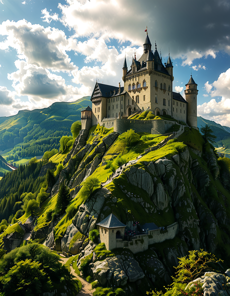 A realistic photograph of a grand medieval castle,medieval c4stl3, perched atop a rugged hill, surrounded by a scenic landscape. The castle is constructed from weathered gray stone, with tall, imposing towers, battlements, and a fortified wall encircling its perimeter. A large central keep rises above the other structures, its windows narrow and arched, evoking a sense of strength and history.
The hill is covered in patches of green grass and rocky outcrops, with a winding dirt path leading up to the castle gates. In the foreground, the surrounding countryside stretches out, dotted with small trees and wildflowers, while in the distance, rolling hills and a faint mist add depth and atmosphere to the scene. The sky above is partly cloudy, with rays of sunlight breaking through, casting dramatic shadows on the castle and hill.
The overall mood is majestic and timeless, capturing the grandeur and mystery of medieval architecture in harmony with its natural surroundings.<lora:SDXLFaeTastic2400:0.4> <lora:extremely_detailed:0.4> extremely detailed, <lora:medieval_c4stl3:1>, Masterpiece,best quality,hi res,8k,hi res,8k,award winning,(sharp focus, intricate, highly detailed),