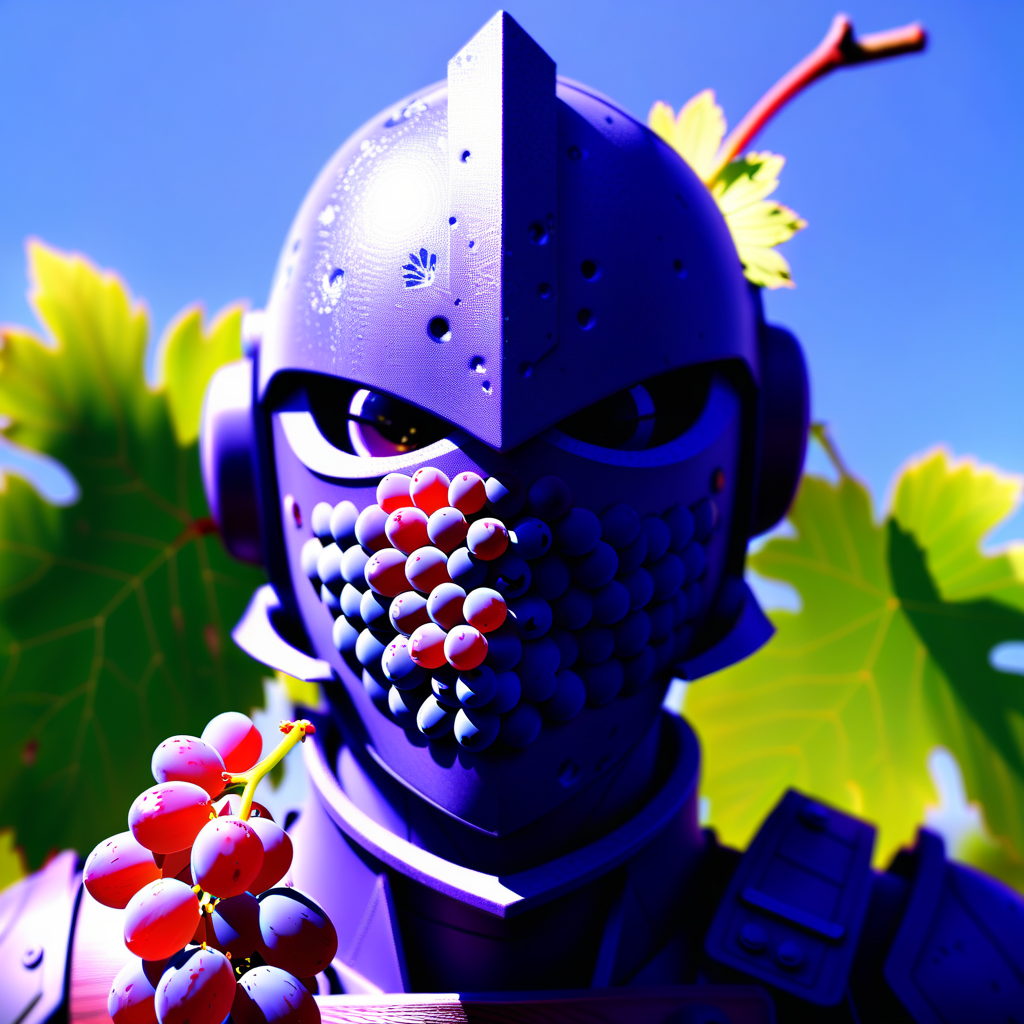 full armor, freckles, grapes, necktie, flower, straight-on, closed mouth, sun, melting