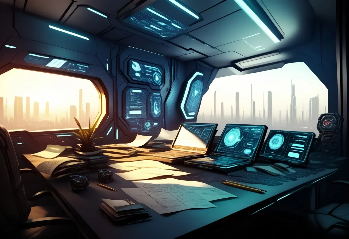 EnD_CyberFutureLandscape Style, indoors, desk with paper and pencils, futuristic, cyberpunk, specular highlights, side lighting, extreme light and shadow, cinematic lighting, natural lighting, score_9, score_8_up, score_7_up, score_6_up, score_5_up, score_4_up,