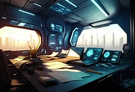 EnD_CyberFutureLandscape Style, indoors, desk with paper and pencils, futuristic, cyberpunk, specular highlights, side lighting, extreme light and shadow, cinematic lighting, natural lighting, score_9, score_8_up, score_7_up, score_6_up, score_5_up, score_4_up,