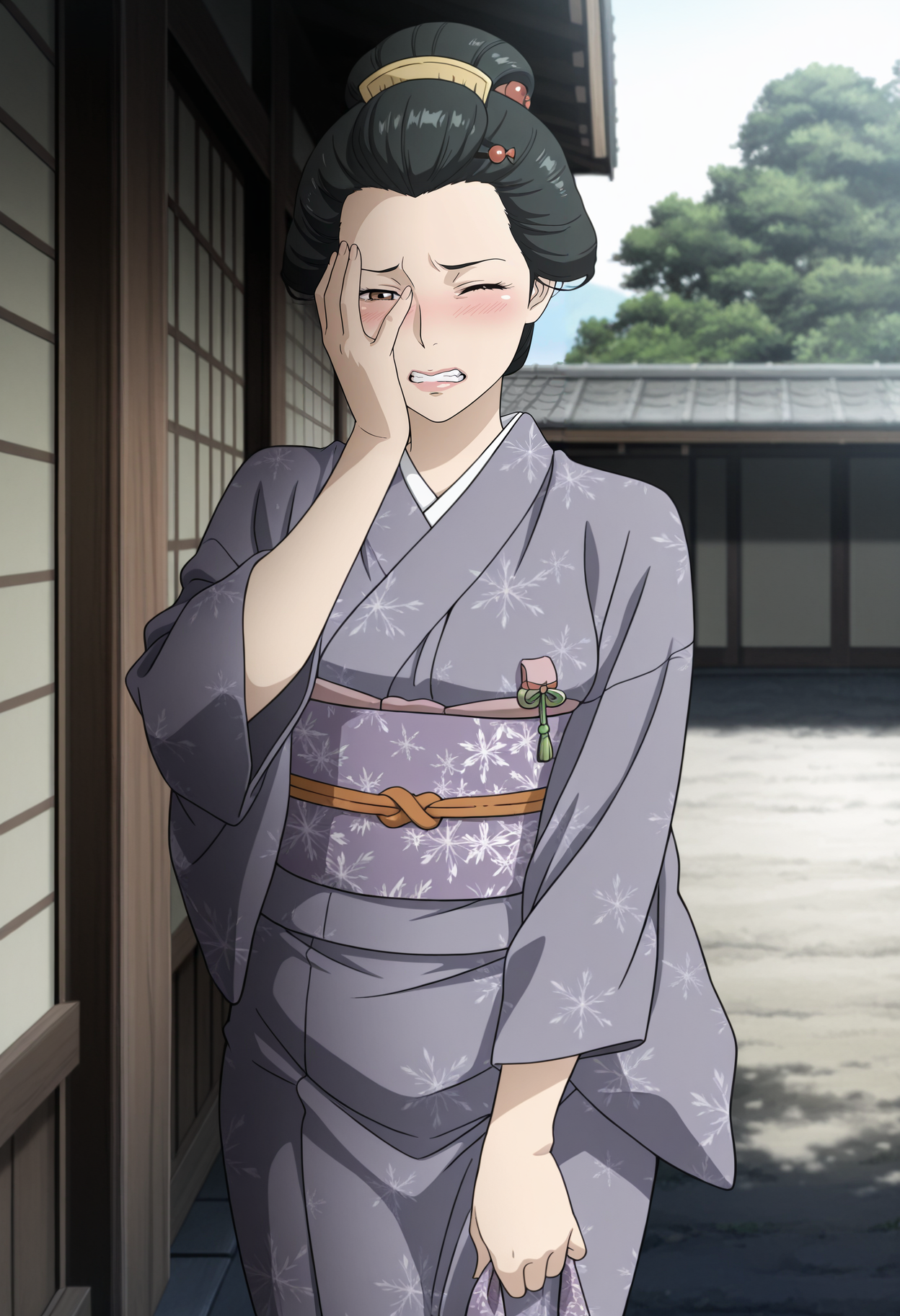 1girl,solo,mm,mature female,black hair,brown eyes,hair ornament,lips,anime coloring,
kimono,obi,sash, one eye closed, clenched teeth, blush,covering face, arm at side, outdoors
,masterpiece,best quality,amazing quality,<lora:Hisae_Hasegawa-Onihei:0.8>