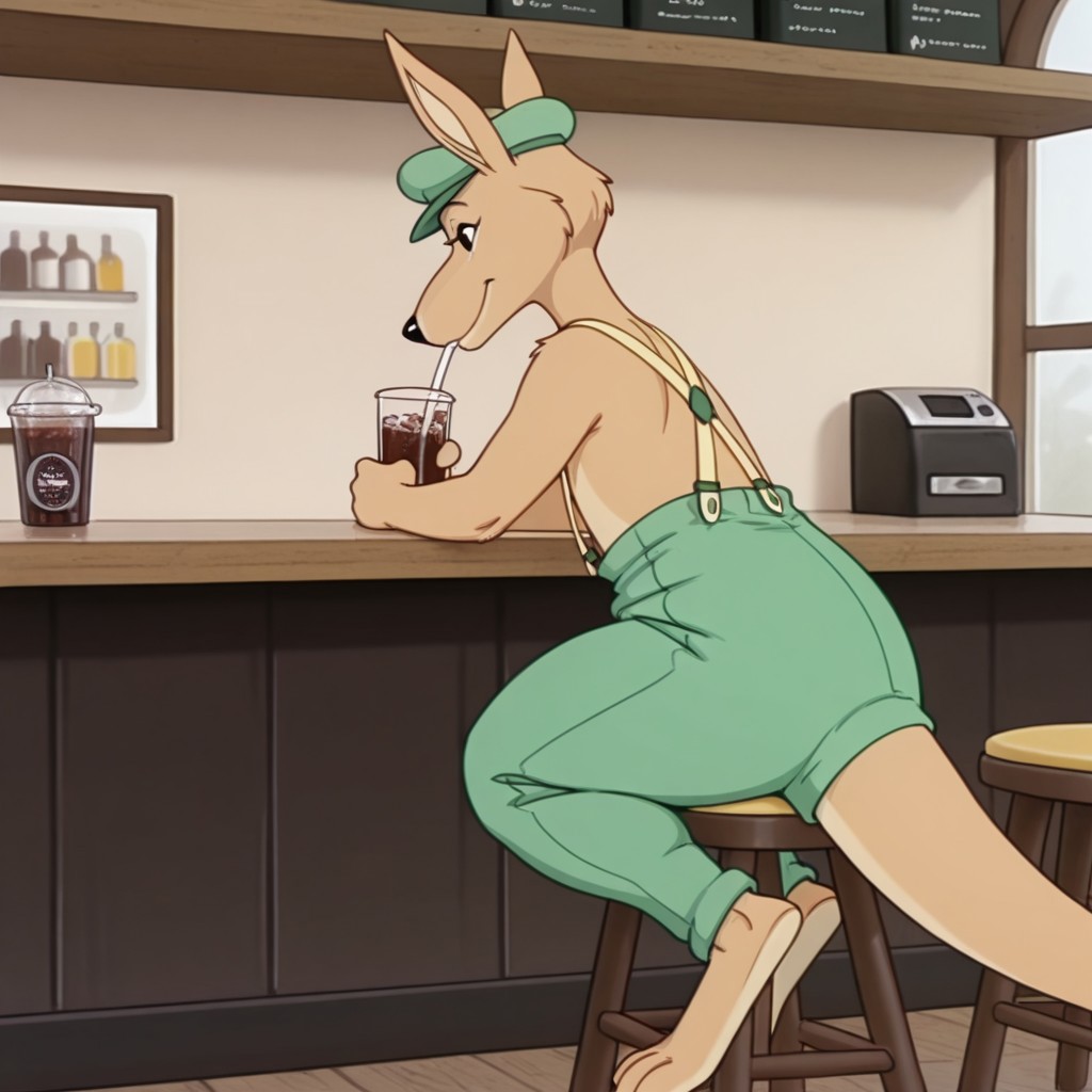 masterpiece, best quality, amazing quality, Splodgebbil, semi-anthro, male, kangaroo, tan fur, black eyes, tail, green hat, green pants, yellow suspenders,sitting at a cafe, drinking a soda