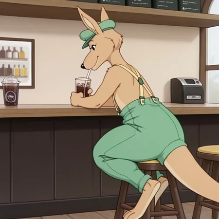 masterpiece, best quality, amazing quality, Splodgebbil, semi-anthro, male, kangaroo, tan fur, black eyes, tail, green hat, green pants, yellow suspenders,sitting at a cafe, drinking a soda