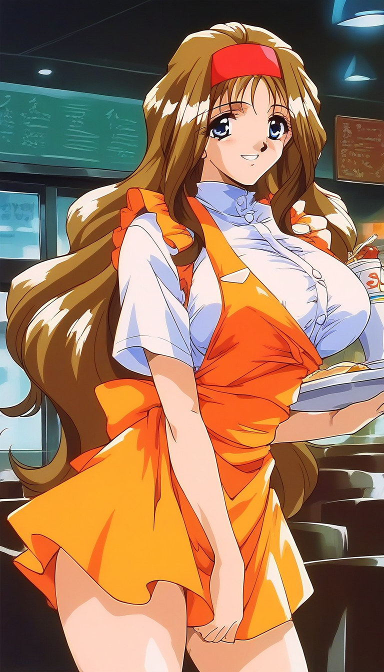 score_9, score_8_up, score_7_up, source_anime, rating_explicit, BREAK <lora:Kokubo_Reika_OVA_XL:1>Kokubo_Reika_OVA, brown hair, long hair, blue eyes, large breasts, 
1girl, solo, hairband, waitress, bow, smile, orange apron,
restaurant, room,
