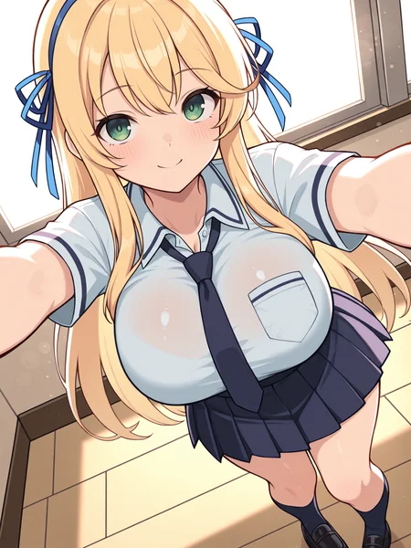 masterpiece, best quality, amazing quality, artist:[limberbreak], by limberbreak, thick outlines, bold outlines, heavy line art, graphic black lines, strong contours, black outlines
(solo:1.4), Katsuragi_IL, green eyes, long blonde hair, blue hair ribbon, double hair ribbon, large breasts, Katsuragi_School, school uniform, blue necktie, white buttoned shirt, pleated skirt, dark blue kneehighs, black loafers
dynamic view, dutch angle, dynamic angle, cinematic framing, (digital painting:0.8), bokeh, (luminescent background:0.8), elegant, masterpiece, highly detailed, high contrast, dramatic shadows, raytracing, subsurface scattering, indoors, looking at viewer, from 45 degrees, ((detailed eyes))
<lora:SK_Katsuragi_IL:0.8>