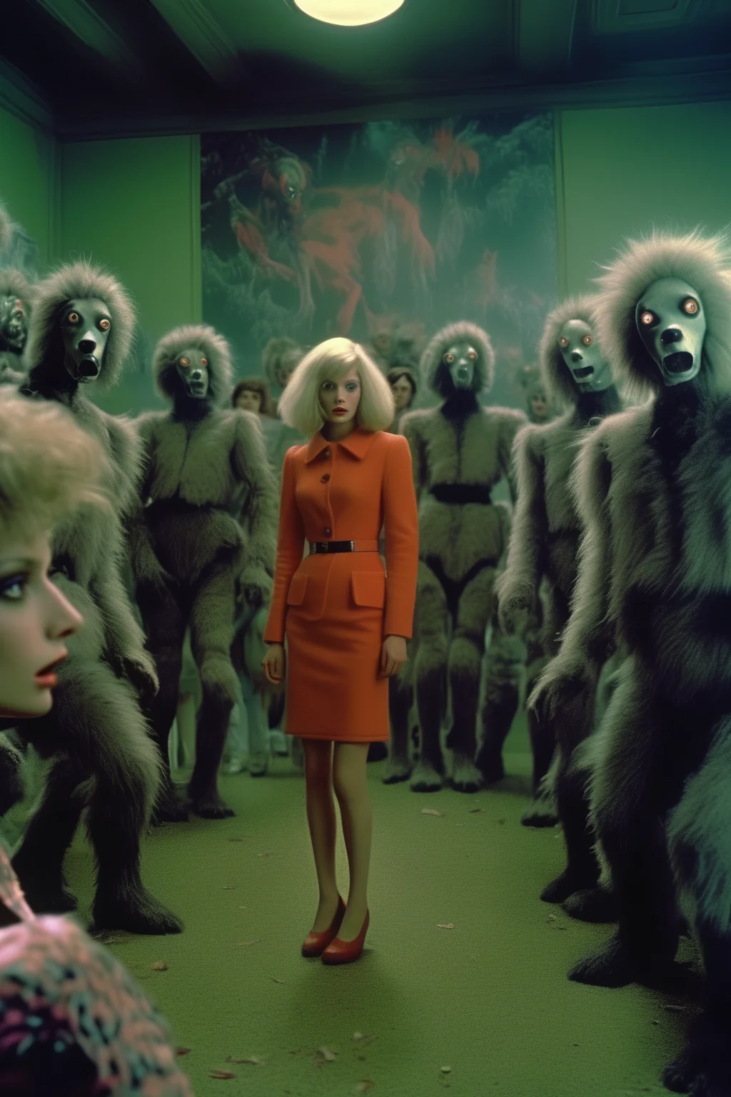 <lora:Director Rainer Werner Fassbinder style:1>Director Rainer Werner Fassbinder style - Film Still, panic in room like forest 500 people jumping, robots & aliens photo journalism, photorealism, ultra-real skin, ultra-real hair, vibrant colors, panavision super r200 movie style, asymmetric, intricate details, random pose, fashion pose wide photography, medium shot, hyper detail, fashion shoot,