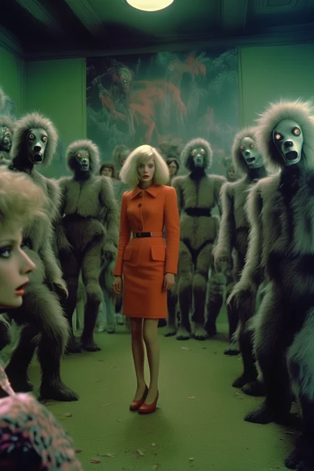 <lora:Director Rainer Werner Fassbinder style:1>Director Rainer Werner Fassbinder style - Film Still, panic in room like forest 500 people jumping, robots & aliens photo journalism, photorealism, ultra-real skin, ultra-real hair, vibrant colors, panavision super r200 movie style, asymmetric, intricate details, random pose, fashion pose wide photography, medium shot, hyper detail, fashion shoot,