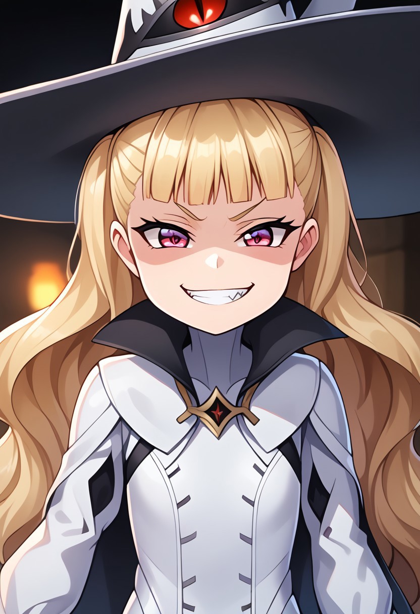 best quality, 1girl, cute, Eitri, blonde, blunt bang, twintail, long hair, pink eyes, witch hat, evil smile, grin,