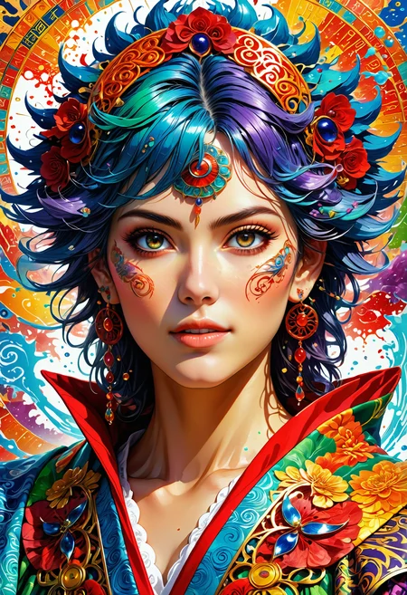 (((masterpiece))) , (((best quality))) , anime style, 2d, intricate details, close-up shot of a (attractive 1girl, solo:1.3) , wearing 1980'S robe, Gritty hair, Hyperdetailed Eyes, Happy, atmospheric perspective, highly detailed face, dynamic dramatic beautiful full taking, stunning detail, complimentary colors, epic composition, Jed-Splash, colourful, <lora:ColourfulStyle:0.7>